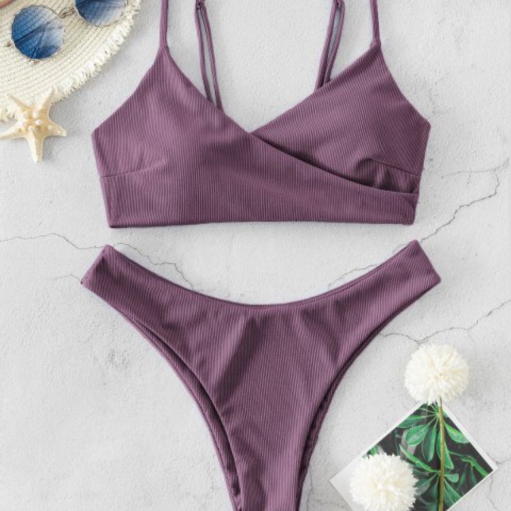 NWT ZAFUL Ribbed High Leg Surplice Bikini Swimsuit
